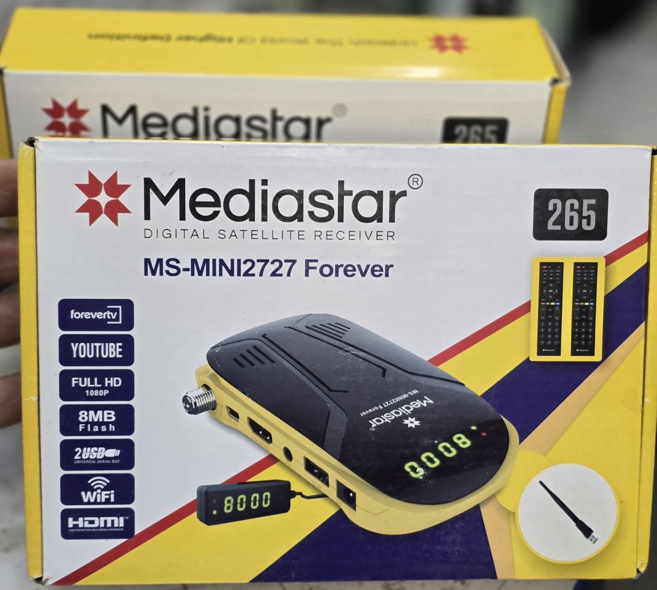 مدیااستار MS-Mini 2727 Forever | اکانت اینترنتی ۱۵ ماهه | دو کنترل | دانگل Wi-Fi | H.265 | Full HD